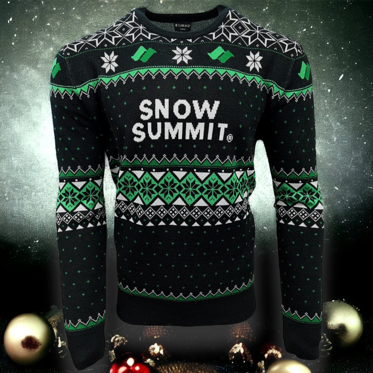 Snow Summit black white and green ugly sweater with snowflake design
