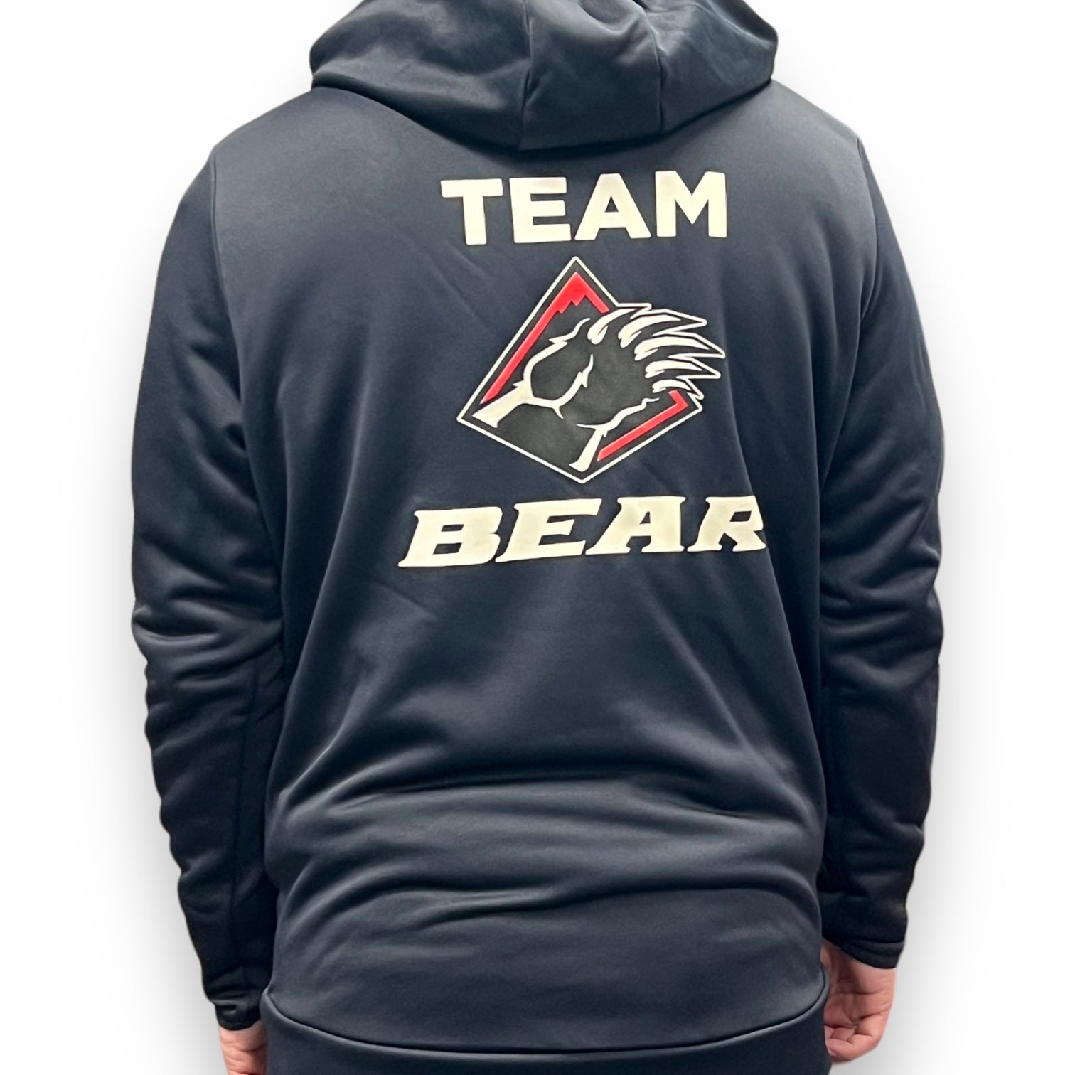 Back of black hoodie with team bear logo