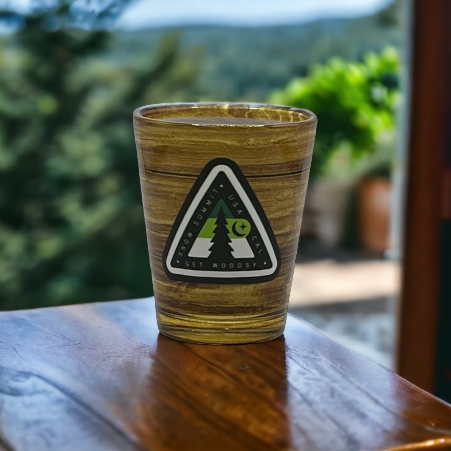 Glass Shot Glass w/ Faux Wood Embossed printed woodsy decal logo