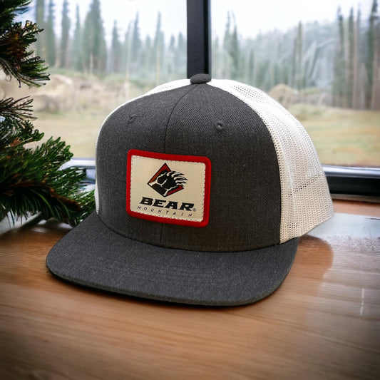 Charcoal hat with White Mesh and bear mountain logo on front