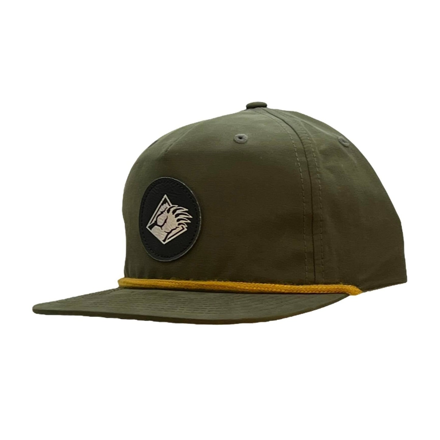 Forest green hat with Bear claw logo and yellow rope on mid crown.