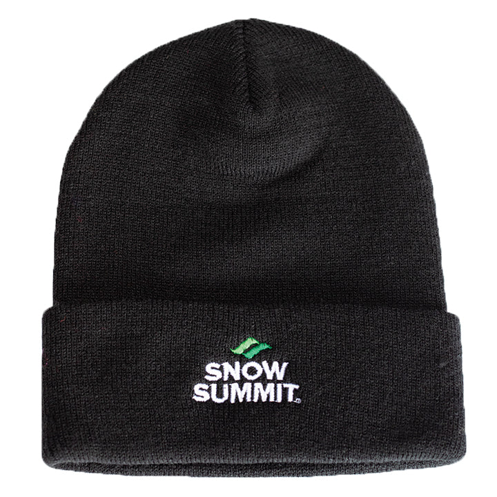 black beanie with folded brim and snow summit logo