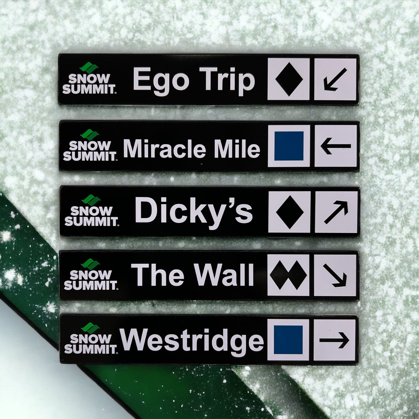 Snow Summit individual trail map magnets for Ego Trip, Miracle Mile, Dicky's, The Wall, and Westridge trails